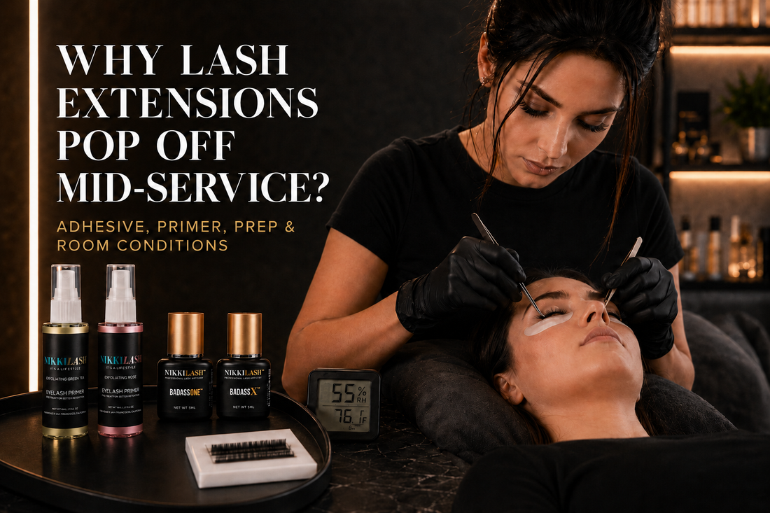 Professional lash artist applying extensions with NikkiLash Eyelash Primer, BADASS ONE, and BADASS X displayed beside a hygrometer in a controlled salon setup