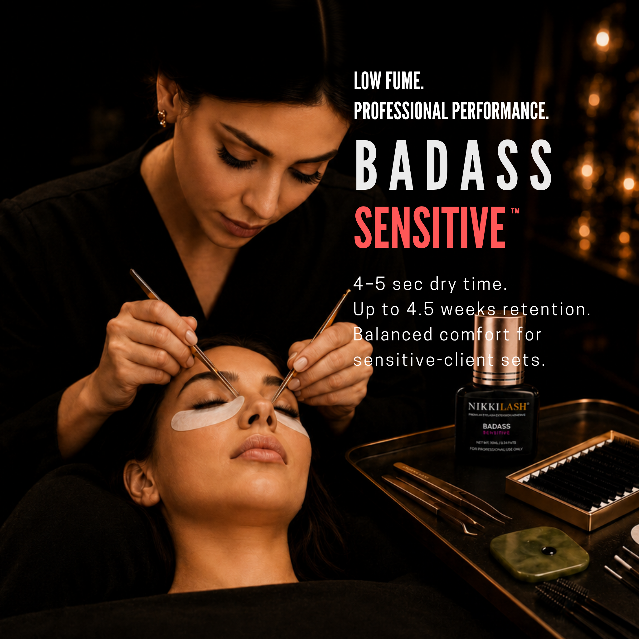NikkiLash BADASS SENSITIVE lash adhesive banner featuring Bianca holding the bottle for lower-fume sensitive-client sets.
