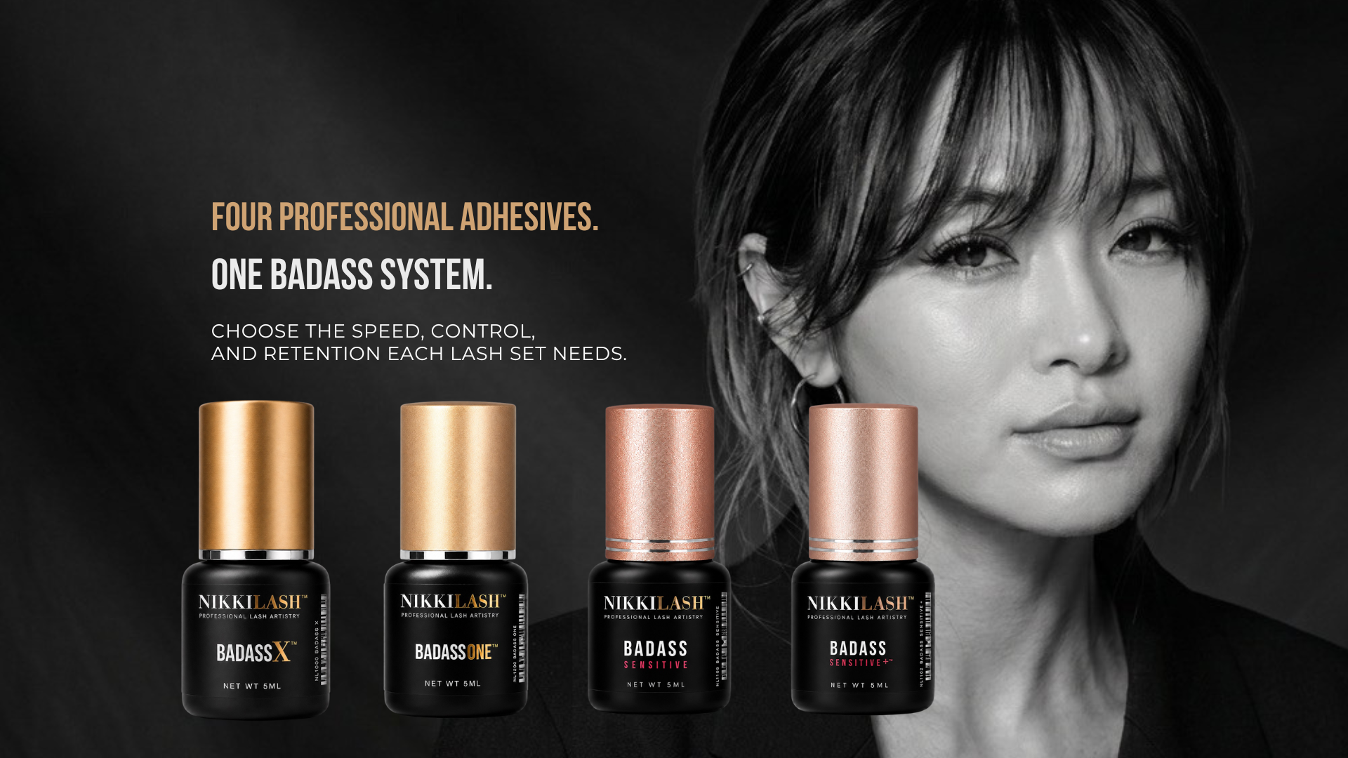 NikkiLash BADASS professional lash adhesive line desktop hero banner featuring BADASS X, BADASS ONE, BADASS SENSITIVE, and BADASS SENSITIVE+ adhesives.