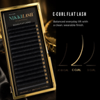 NIKKILASH BADASS Flat Lashes C Curl gold tray with curl comparison graphic