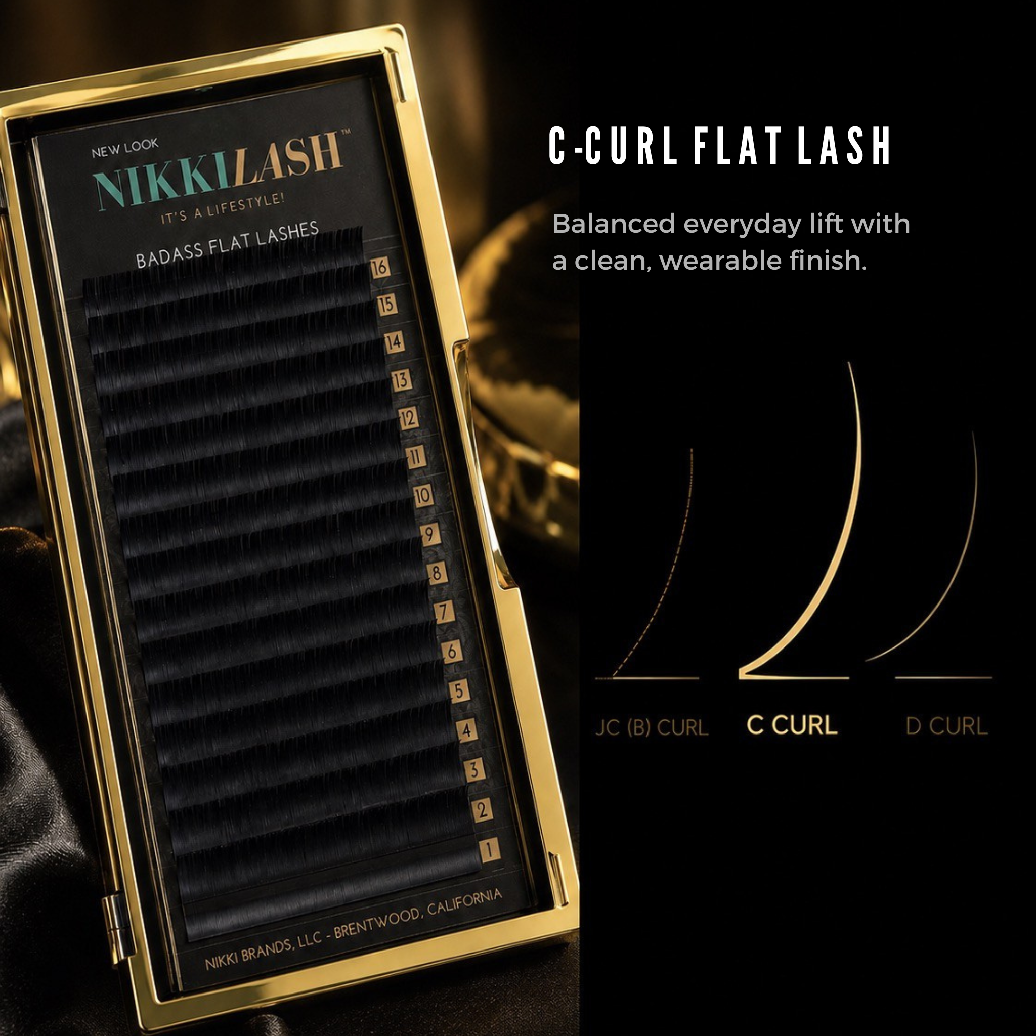 NIKKILASH BADASS Flat Lashes C Curl gold tray with curl comparison graphic