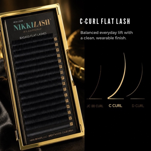 NIKKILASH BADASS Flat Lashes C Curl gold tray with curl comparison graphic
