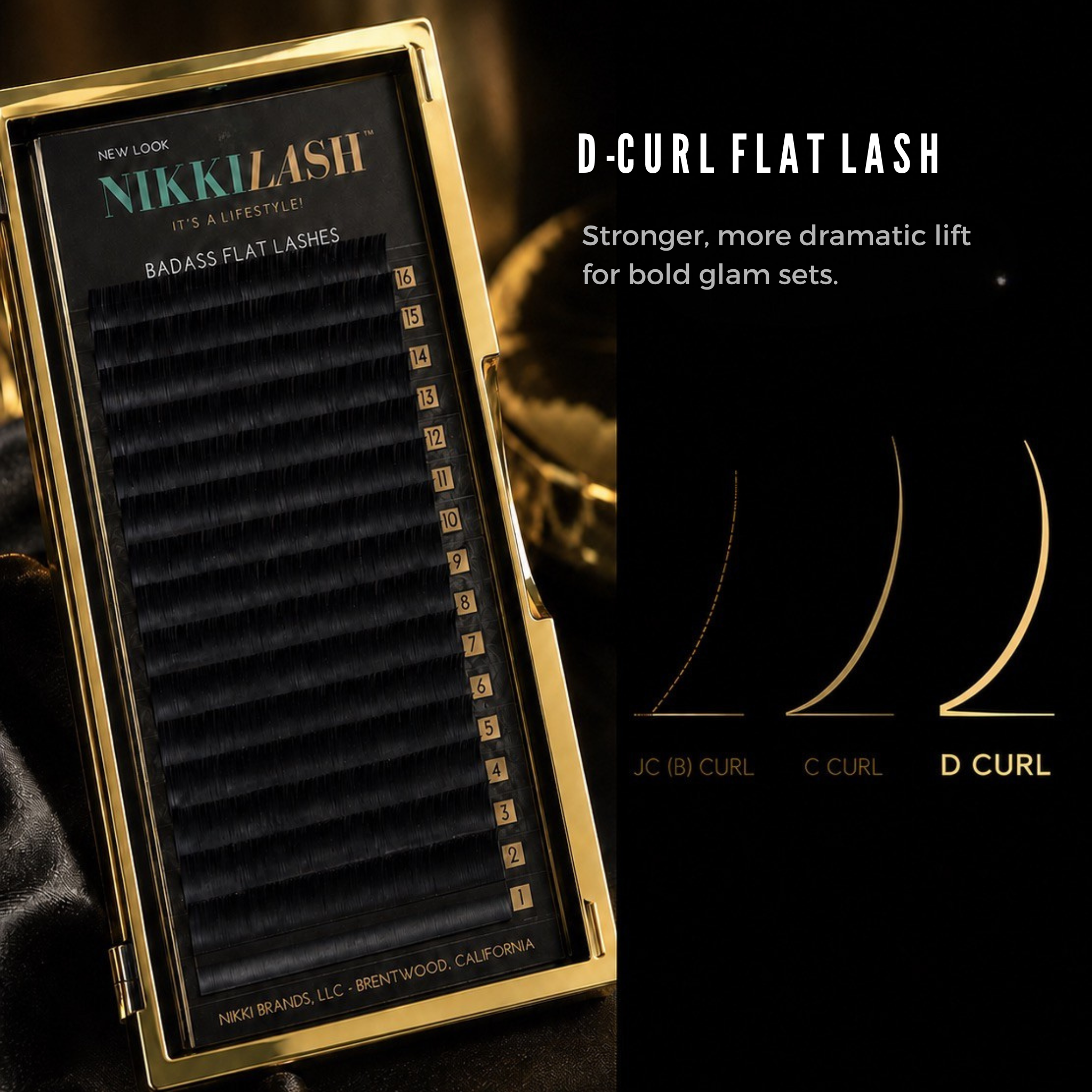 NIKKILASH BADASS Flat Lashes D Curl gold tray with curl comparison graphic