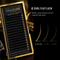NIKKILASH BADASS Flat Lashes JC/B Curl gold tray with curl comparison graphic