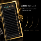 NIKKILASH BADASS Flat Lashes JC/B Curl gold tray with curl comparison graphic