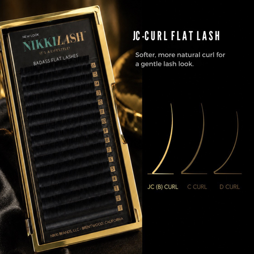 NIKKILASH BADASS Flat Lashes JC/B Curl gold tray with curl comparison graphic