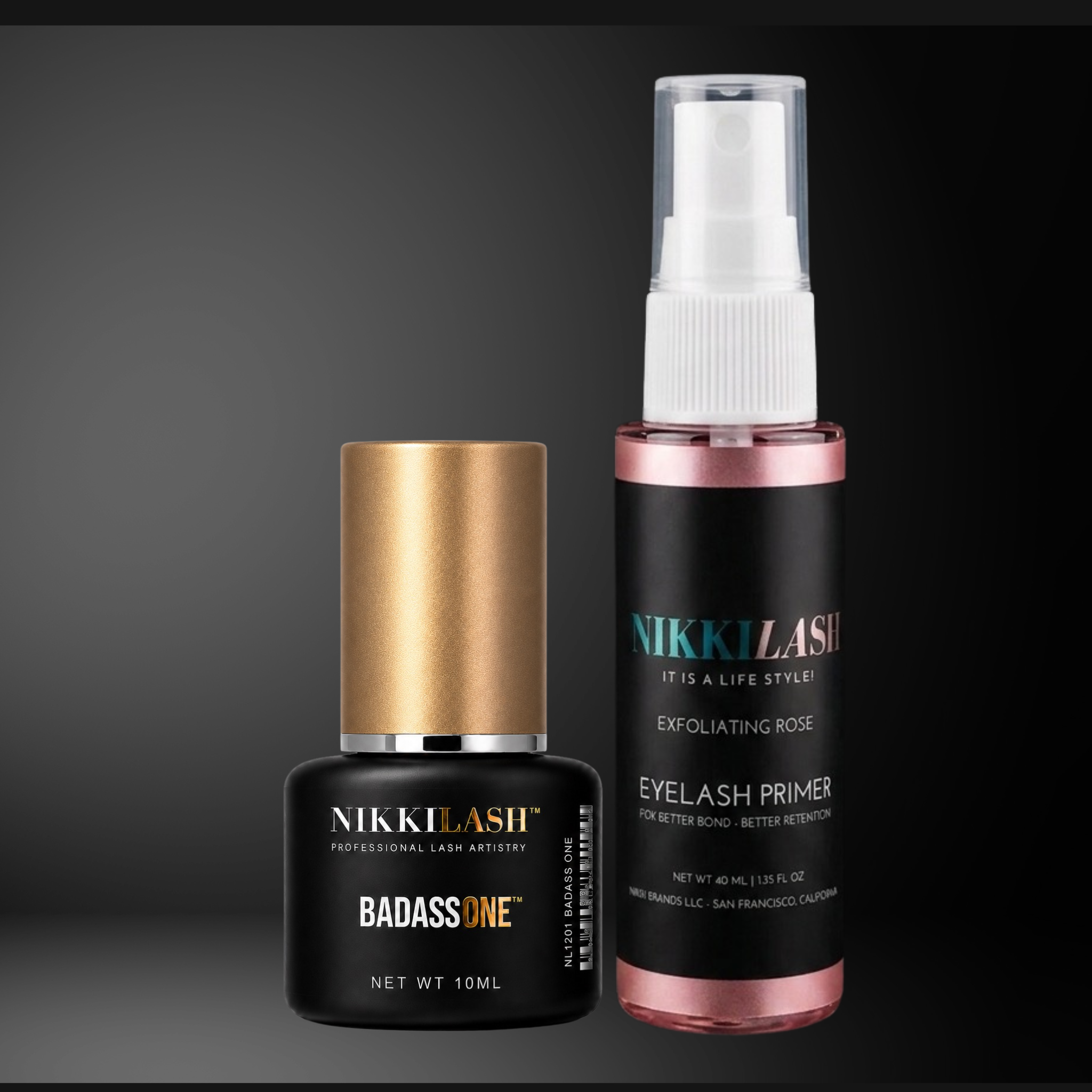 NikkiLash BADASS ONE 10ML lash adhesive and Rose Primer Pro Lash Kit for professional lash artists.