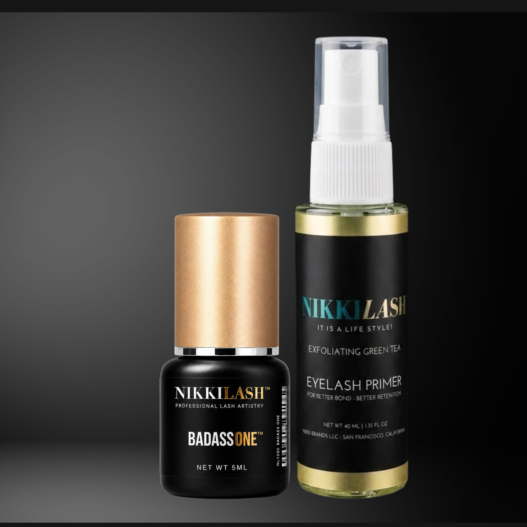 NikkiLash BADASS ONE 5ML lash adhesive and Green Tea Primer Pro Lash Kit for professional lash artists.