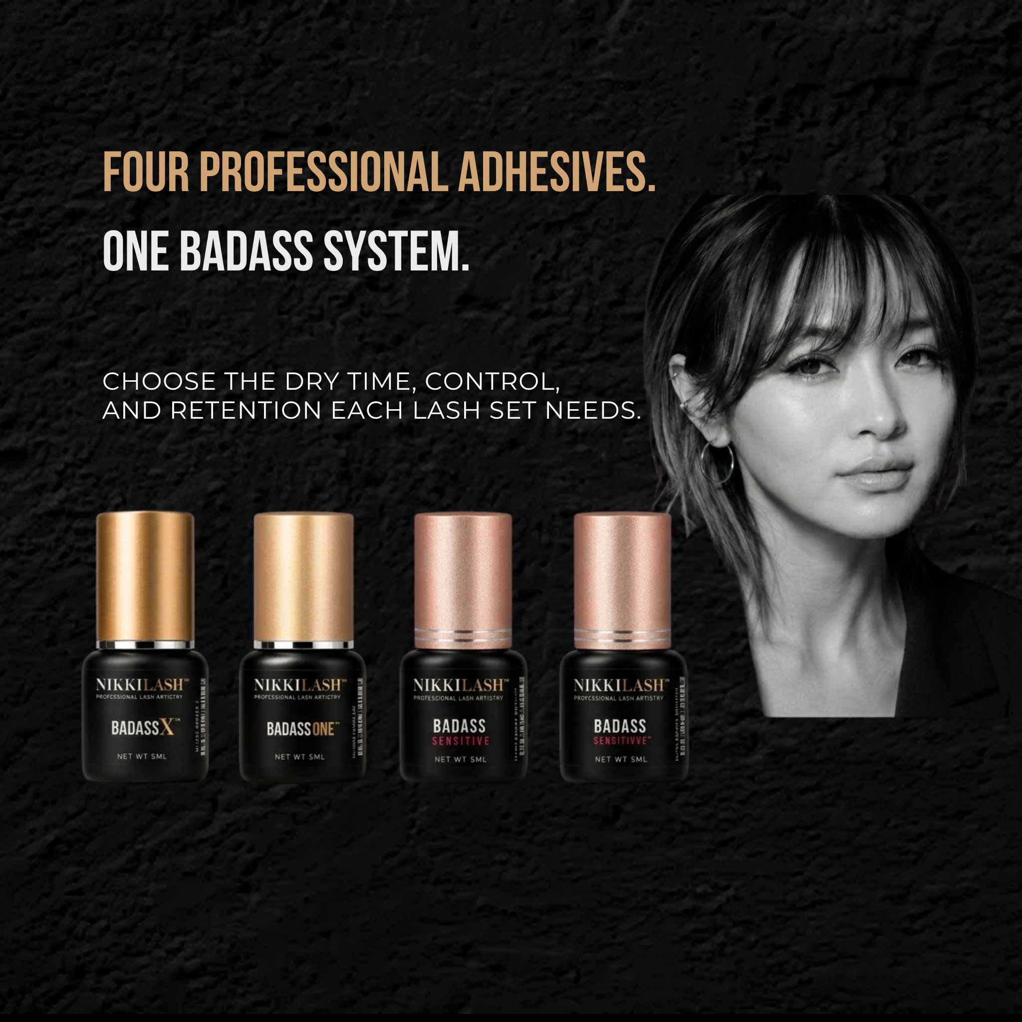 NikkiLash BADASS professional lash adhesive system mobile hero banner featuring four adhesive formulas for speed, control, retention, and sensitive-client support.