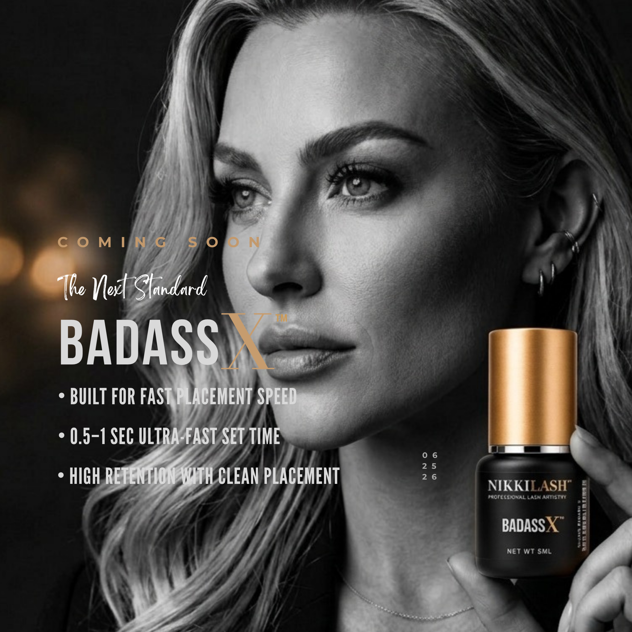 NikkiLash BADASS X coming soon hero banner for ultra-fast lash adhesive