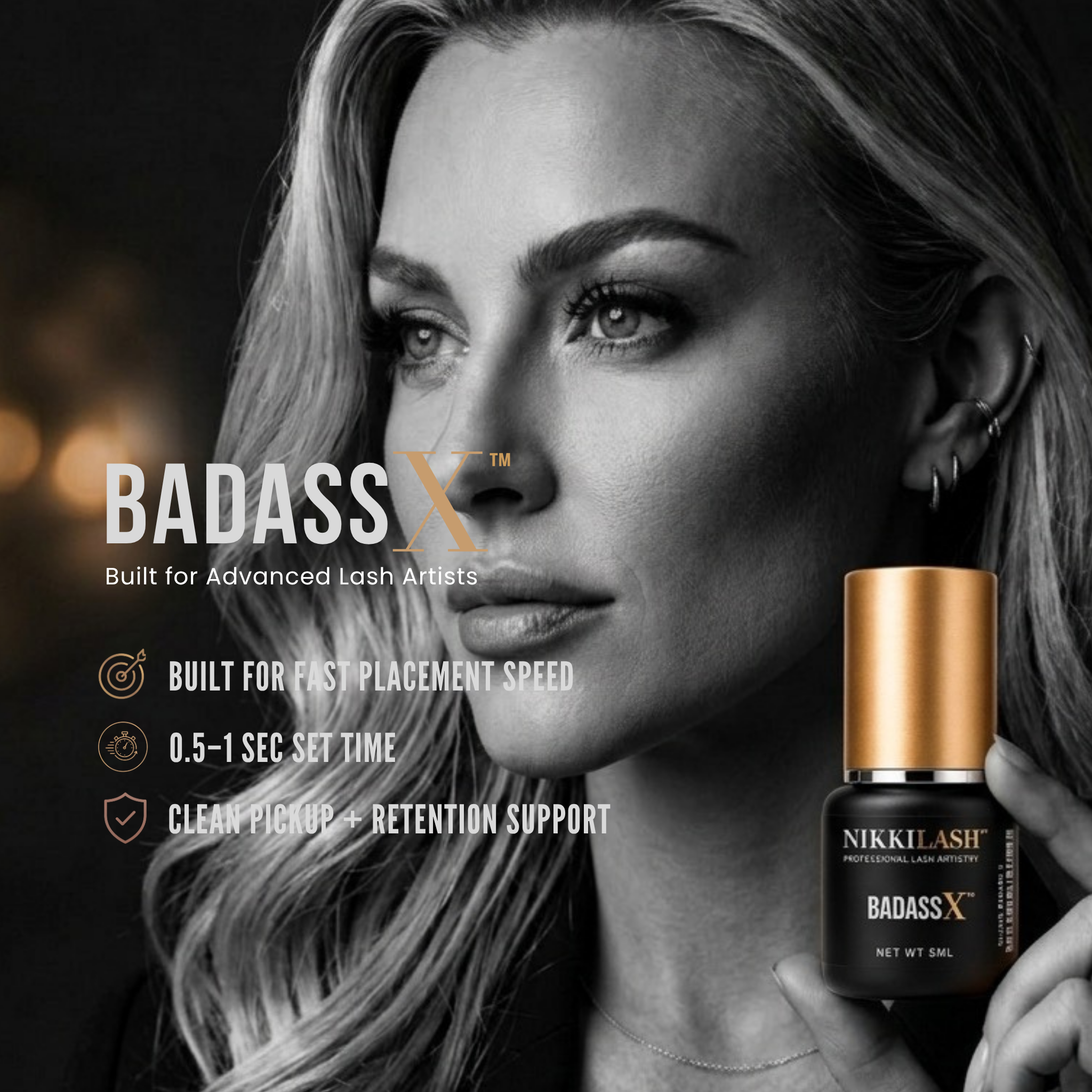 NikkiLash BADASS X coming soon hero banner for ultra-fast lash adhesive