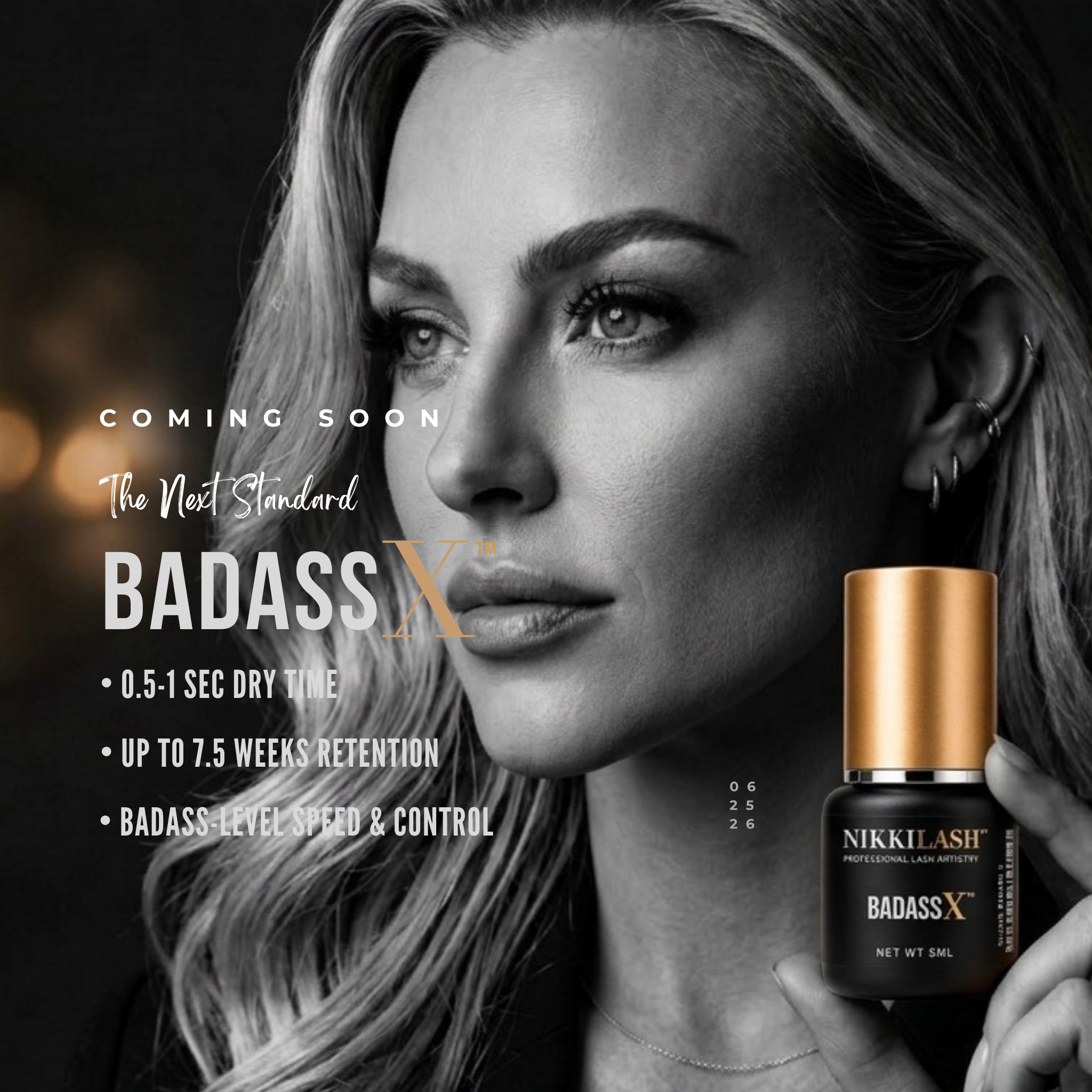 NikkiLash BADASS X professional lash adhesive mobile hero banner featuring the product in a premium black-and-white beauty campaign style.