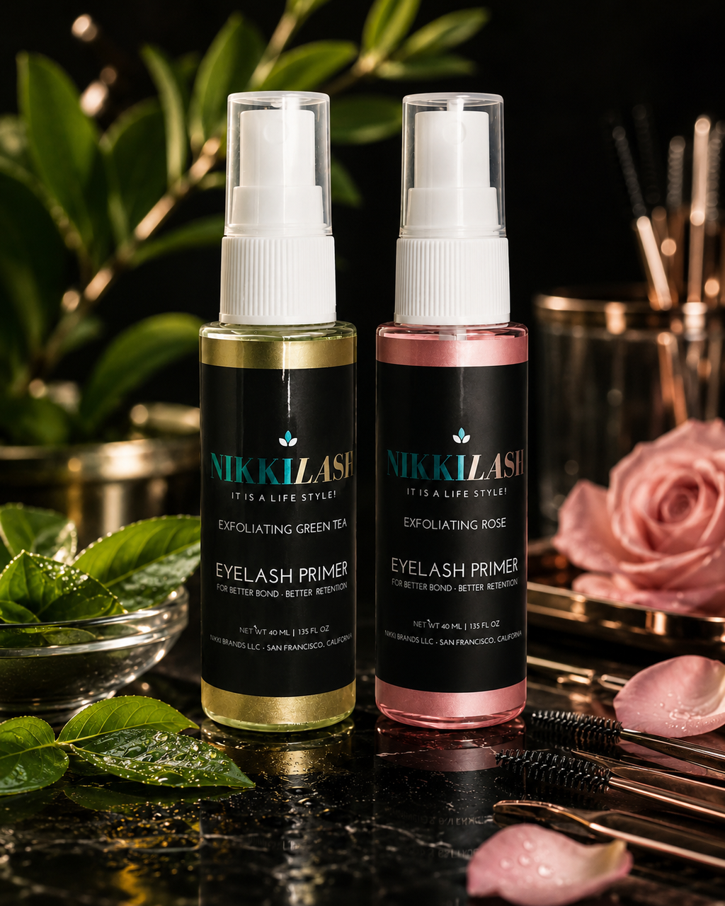 NIKKILASH Green Tea and Rose eyelash extension primer 40ml bottles