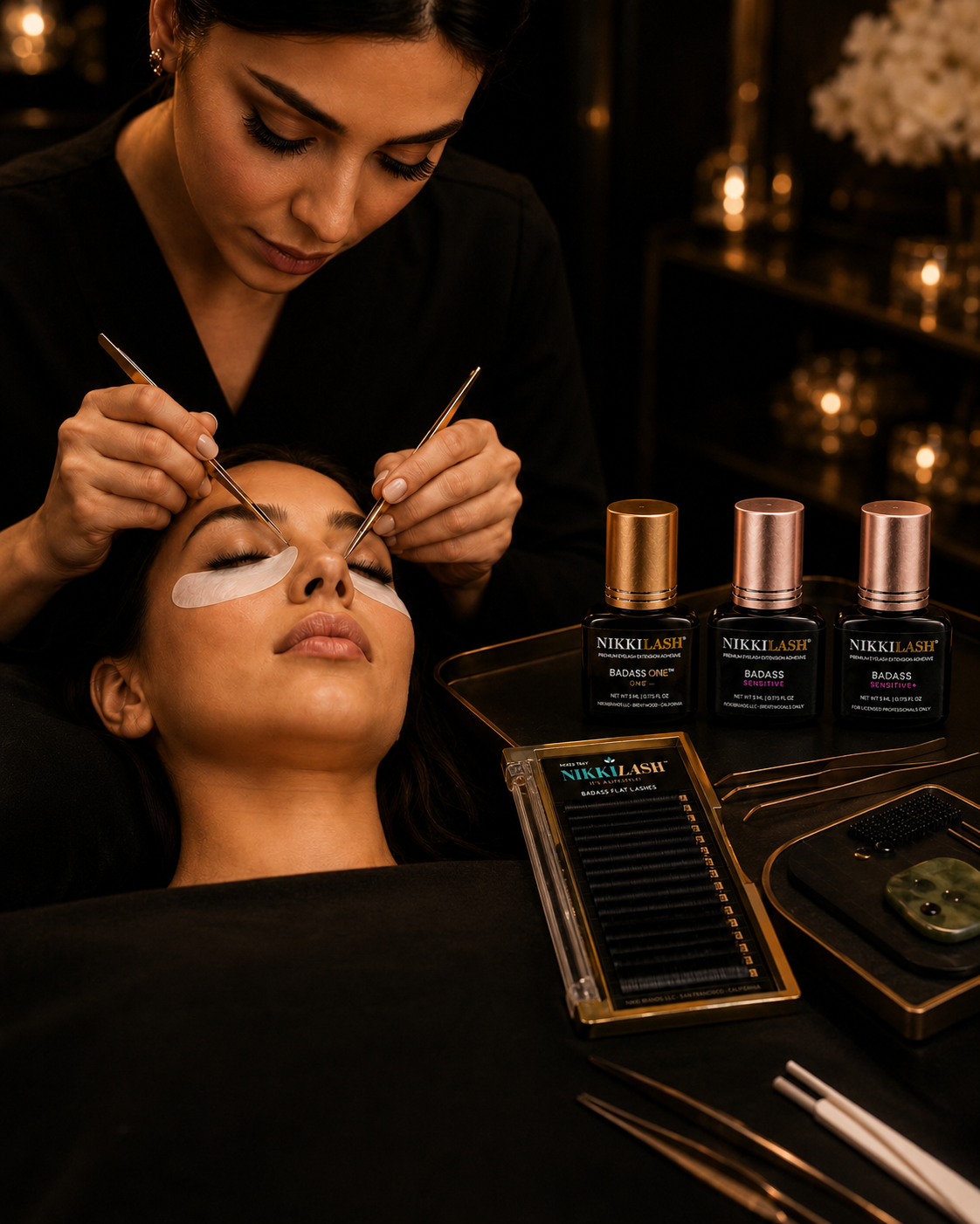 Professional lash artist applying eyelash extensions with NIKKILASH adhesives and flat lashes